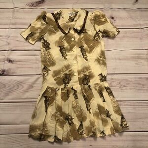 Vintage Metallic Pleated Dropped Waist Button Earth Tone Dress, size 1X/2X